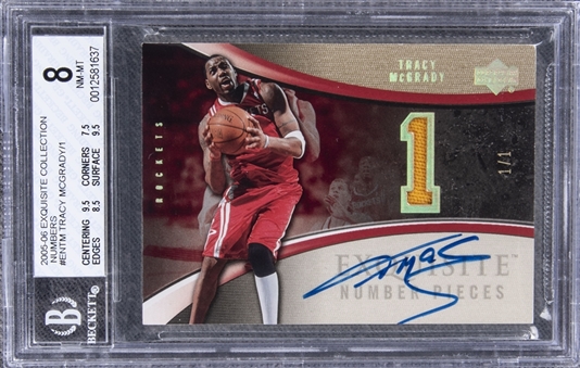 2005-06 UD "Exquisite Collection" Number Pieces Auto. #ENTM Tracy McGrady Signed Game Used Patch Card (#1/1) – BGS NM-MT 8/BGS 9 – McGradys Jersey Number!